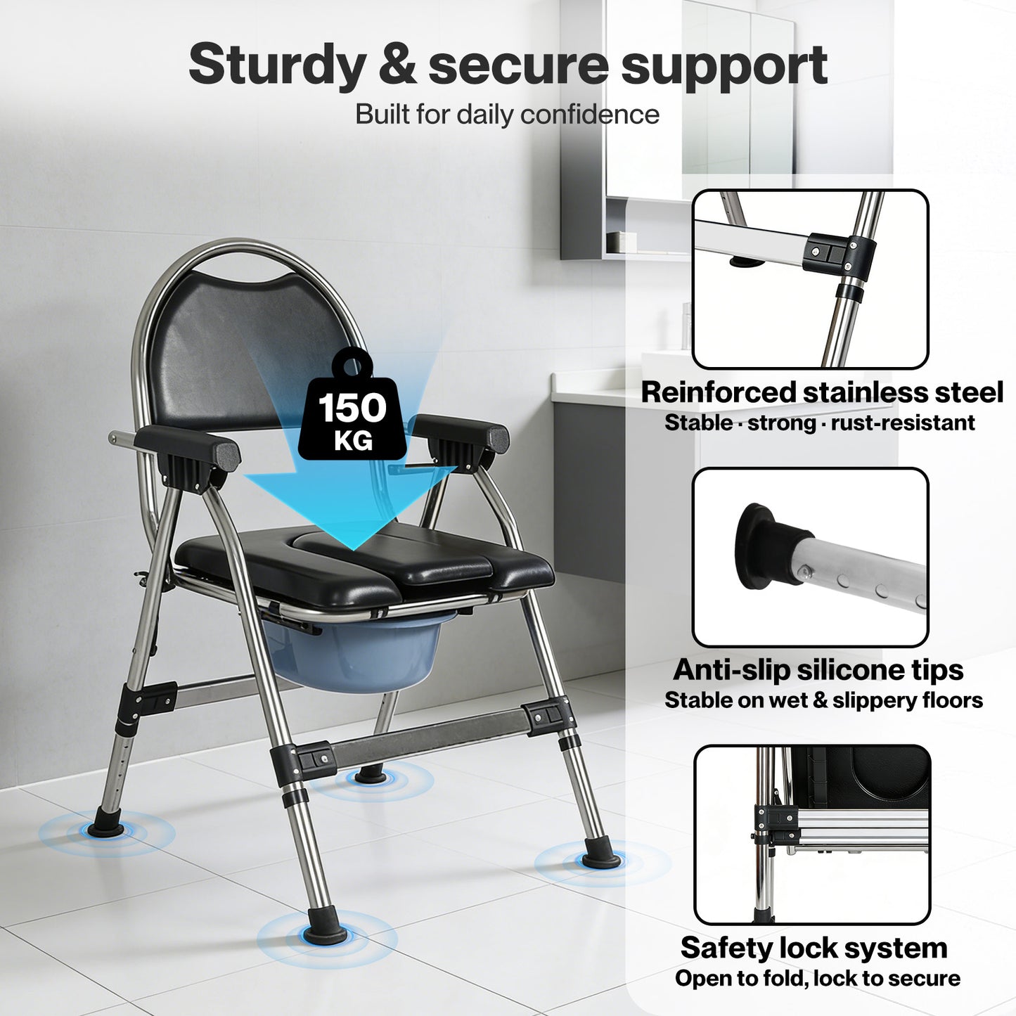Levede Folding Commode Chair Adjustable Height Bedside Toilet Shower Seat 150kg