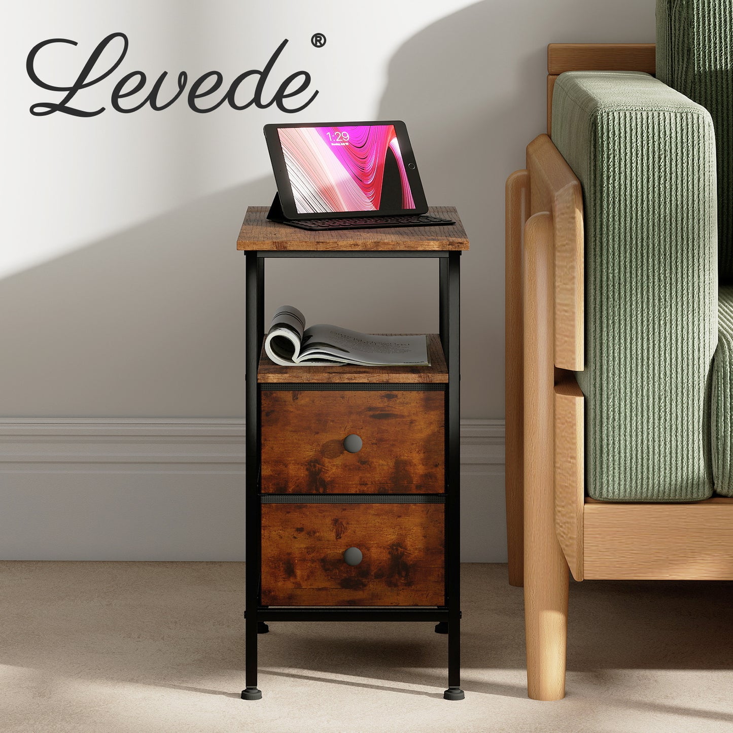 Levede Bedside Table Side Cabinet Storage Nightstand Charging Station 2 Drawers