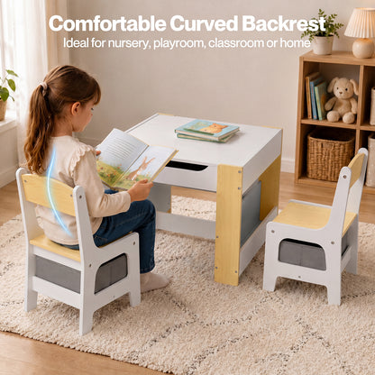 Dekko Kids Table and Chairs Set 2-in-1 Flip Top Storage Play Study Natural