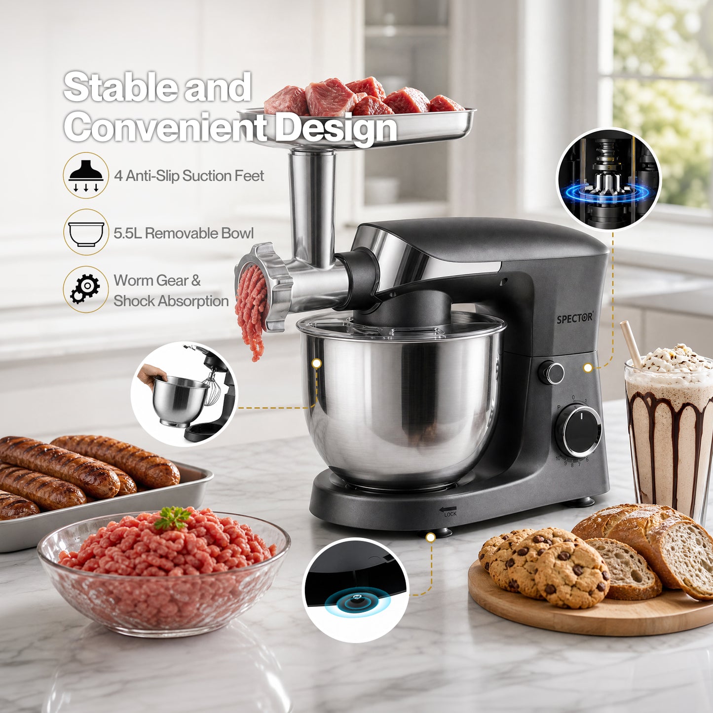 Spector 9 in 1 Stand Mixer 1500W Food Mixer Meat Grinder Kitchen Machine 5.5L