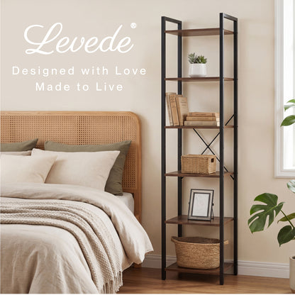 Levede Book Shelf 6-Tier Narrow Shelves Space-Saving Steel Bedroom Walnut Brown
