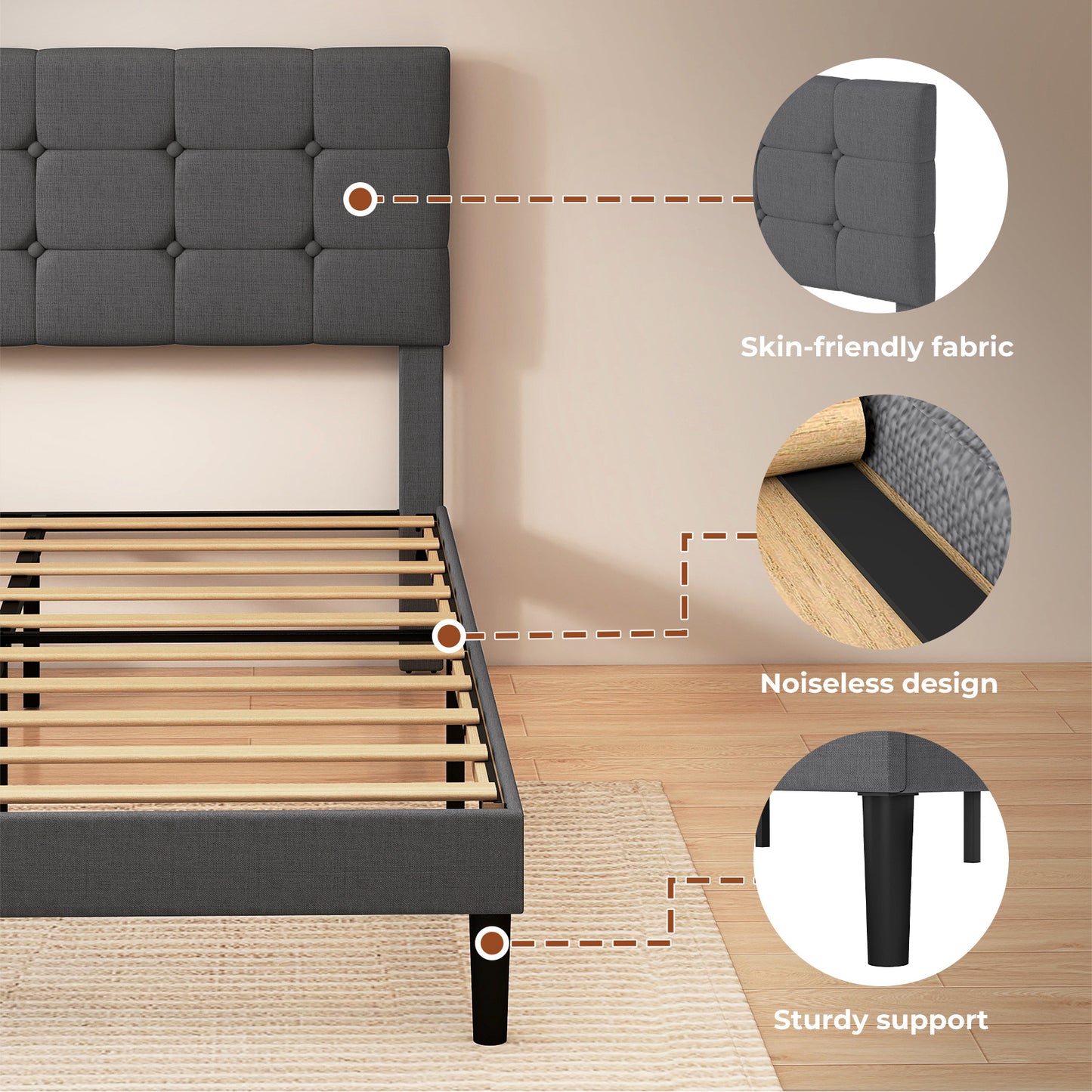 Levede Bed Frame Upholstered Linen Headboard Wooden Slat Double King Size Grey