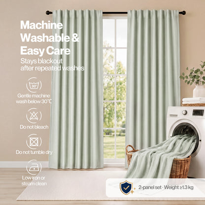 Marlow 100% Blackout Curtains Thermal Linen Look Pair Ready Made 46x72 in Green