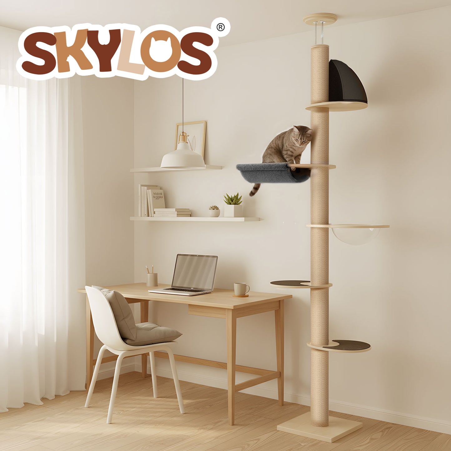 Skylos Floor to Ceiling Cat Tree Adjustable Height 206-300cm 6-Tier Cat Tower