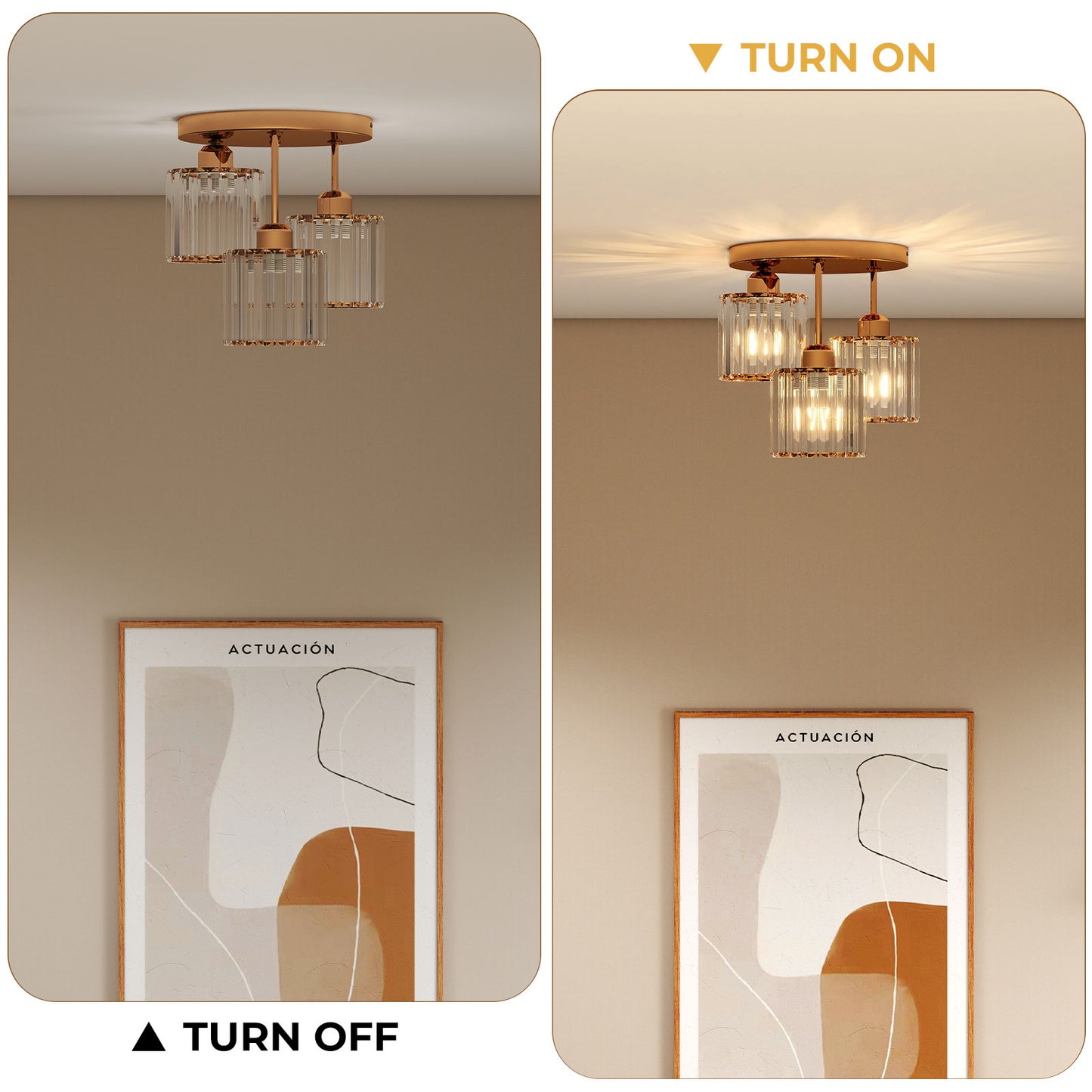 Emitto Crystal Ceiling Light 3 Light E27 Chandelier Semi Flush Mount Lamp Gold