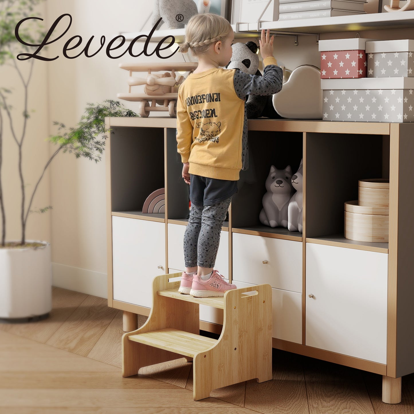 Levede Bamboo 2 Step Stool Non Slip for Potty Training Bathroom Splash Handle