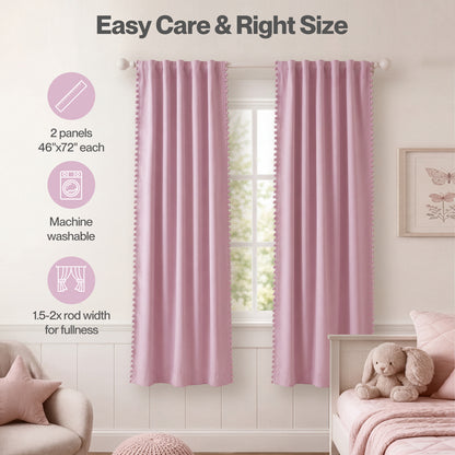 Marlow Pink Pom Pom Curtains for Nursery Baby Girls Room 46"x72" in Pink