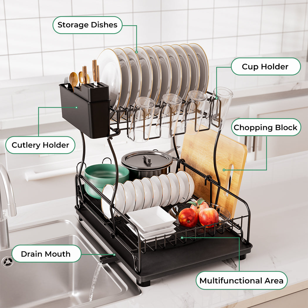 Toque Expandable Dish Drainer Rack 2 Tier Cutlery Plate Holder with Drip Tray