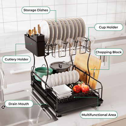 Toque Expandable Dish Drainer Rack 2 Tier Cutlery Plate Holder with Drip Tray