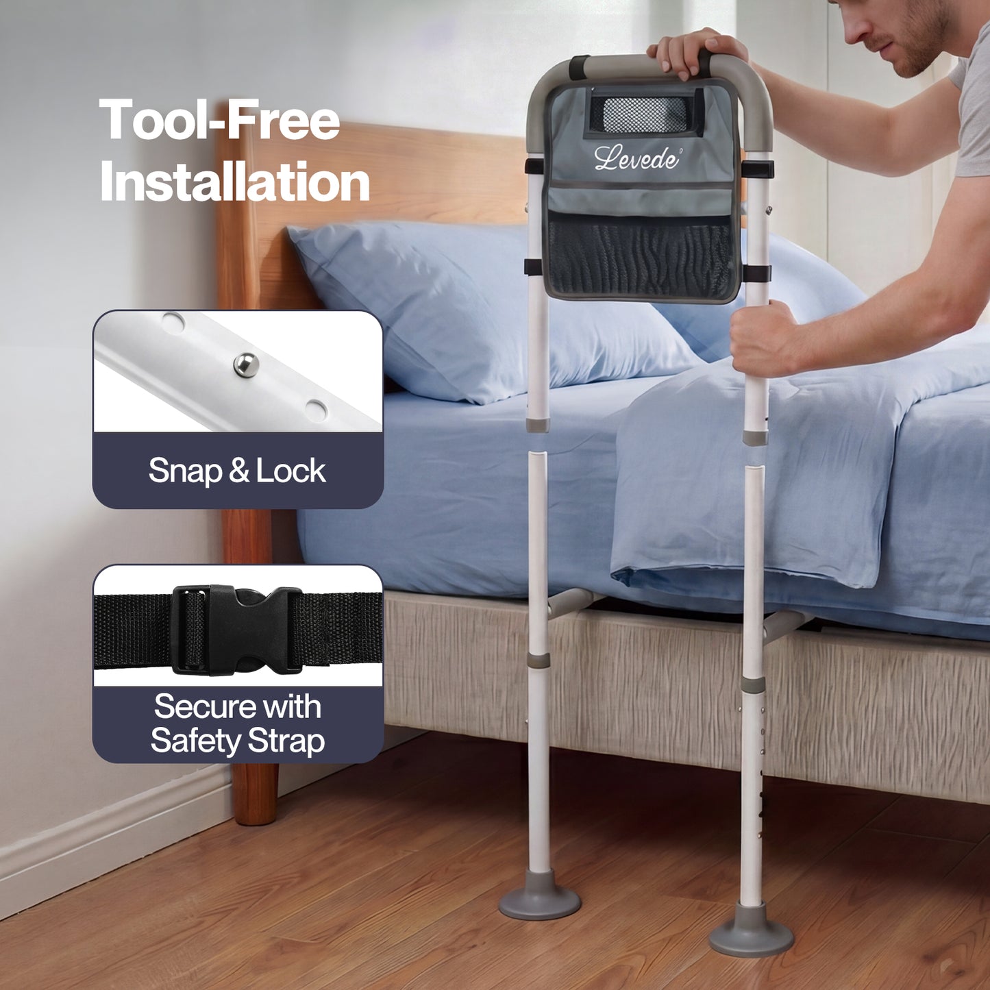 Levede Adjustable Bed Rail with LED Sensor Light Storage Pocket Bed Handle Guard