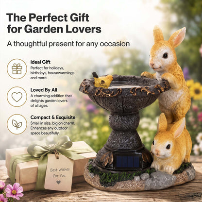 Emitto Garden Ornaments Outdoor Rabbit & Bird Solar Resin Artwork Bath For Patio