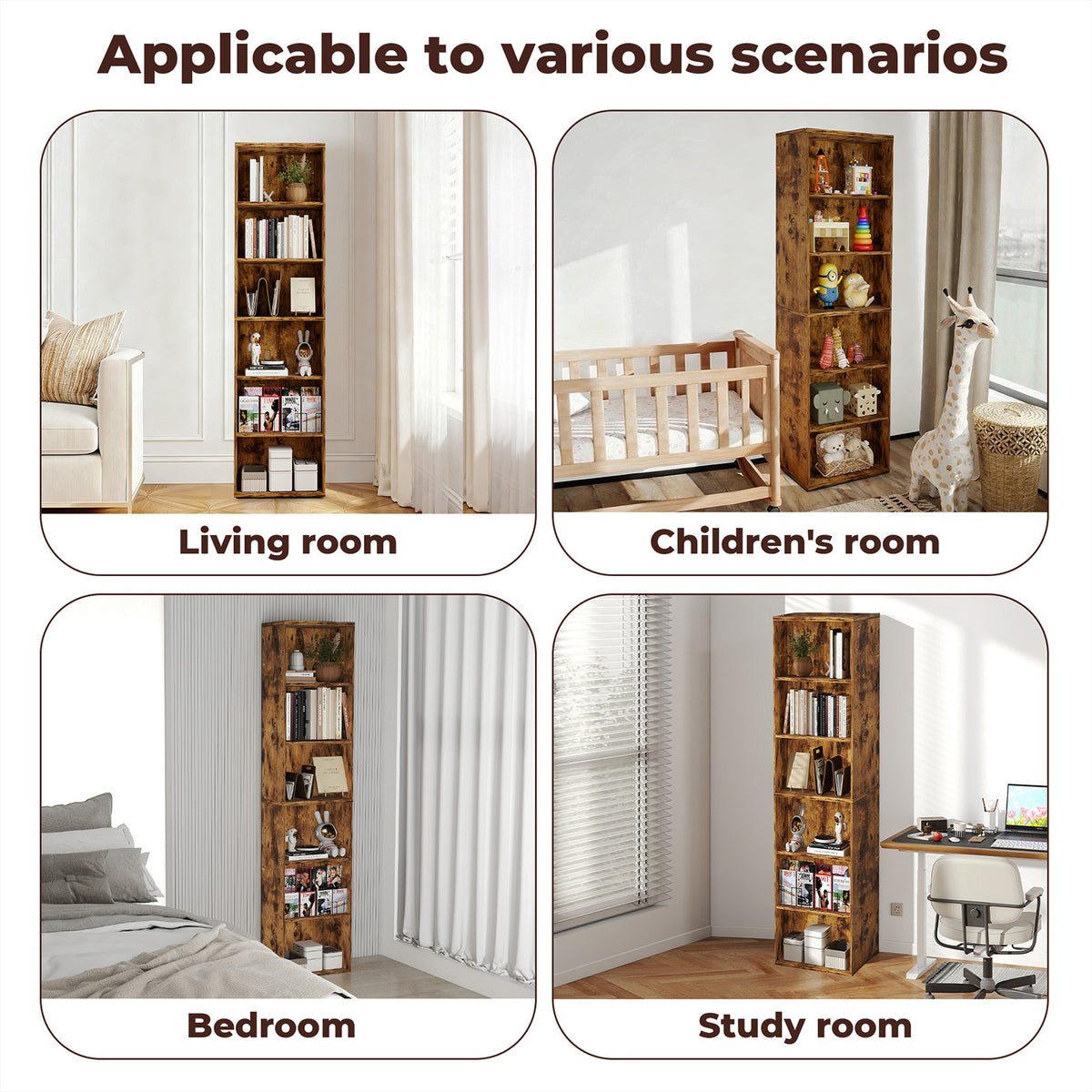 Levede Slim Bookcase Tall Bookshelf 6 Tier Adjustable Shelf Living Room Walnut