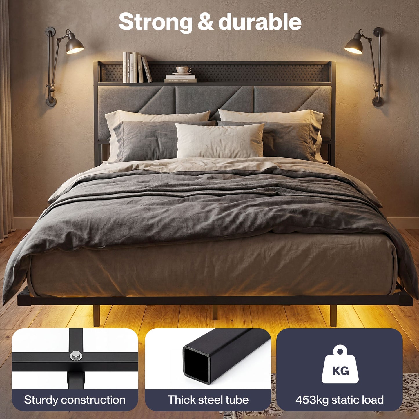 Levede Floating Bed Frame Double LED Lights Upholstered USB Storage Headboard