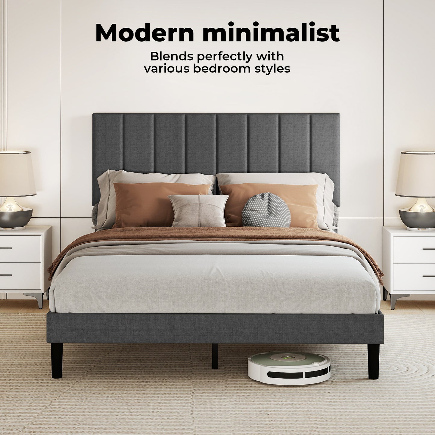 Levede Upholstered Bed Frame Linen Fabric Soft Foam Headboard Small Double King