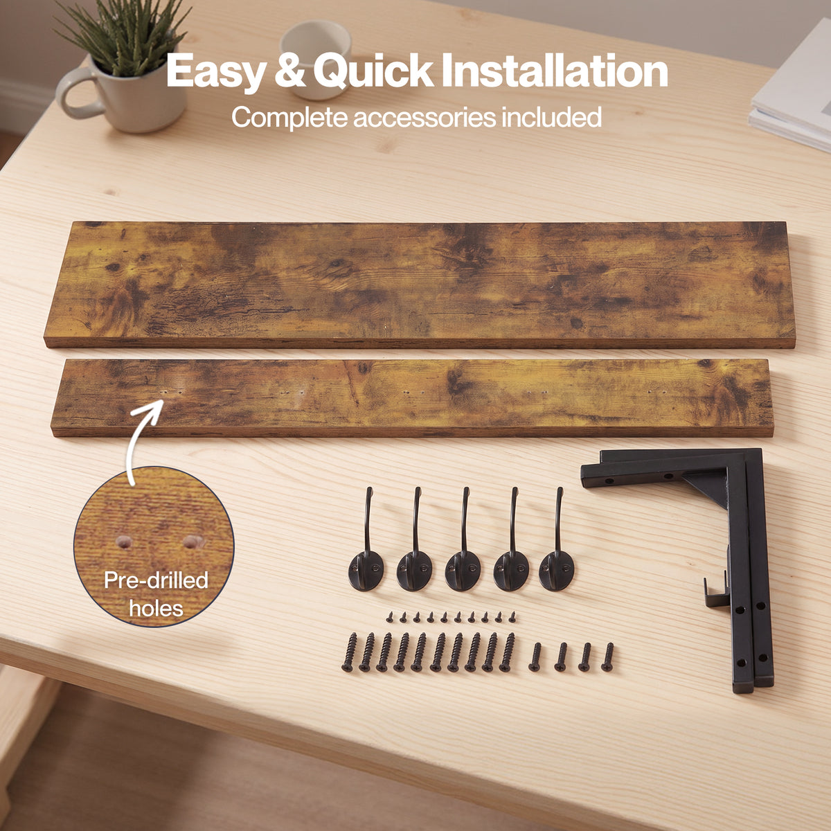 Levede Coat Rack Wall Mounted Wooden Hooks Hangers Storage Shelf