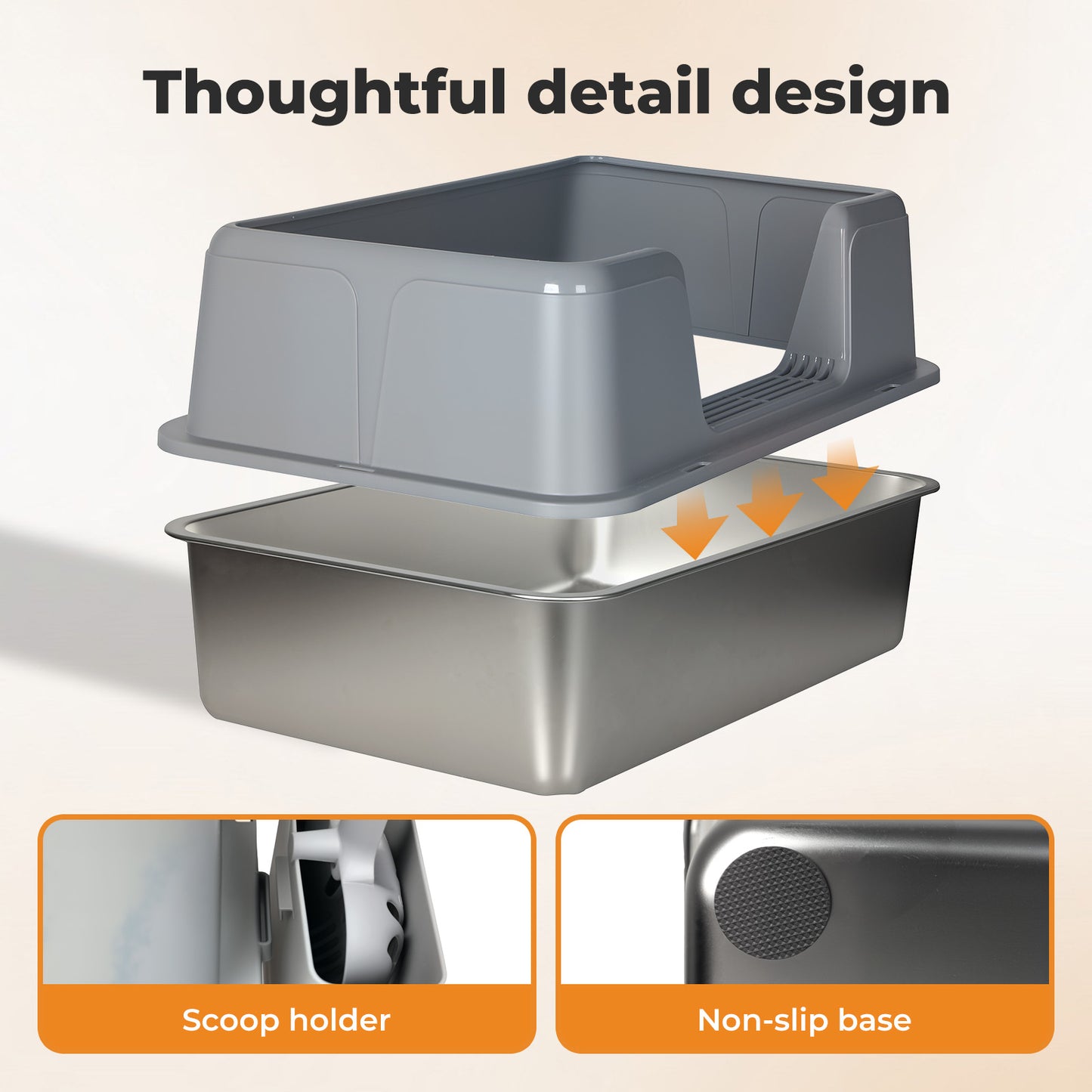 Skylos Stainless Steel Cat Litter Box High Sided Litter Tray with Scoop Pedal