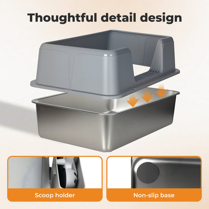 Skylos Stainless Steel Cat Litter Box High Sided Litter Tray with Scoop Pedal