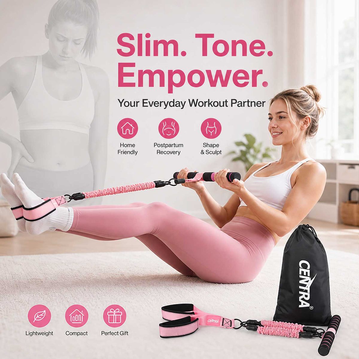 Centra Resistance Bands Set Foot Pedal 3 Tube Adjustable for Home Workout Pink