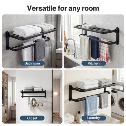 Levede Towel Holder with 2 Bars Wall Mounted No Drill Bathroom Shelf Black