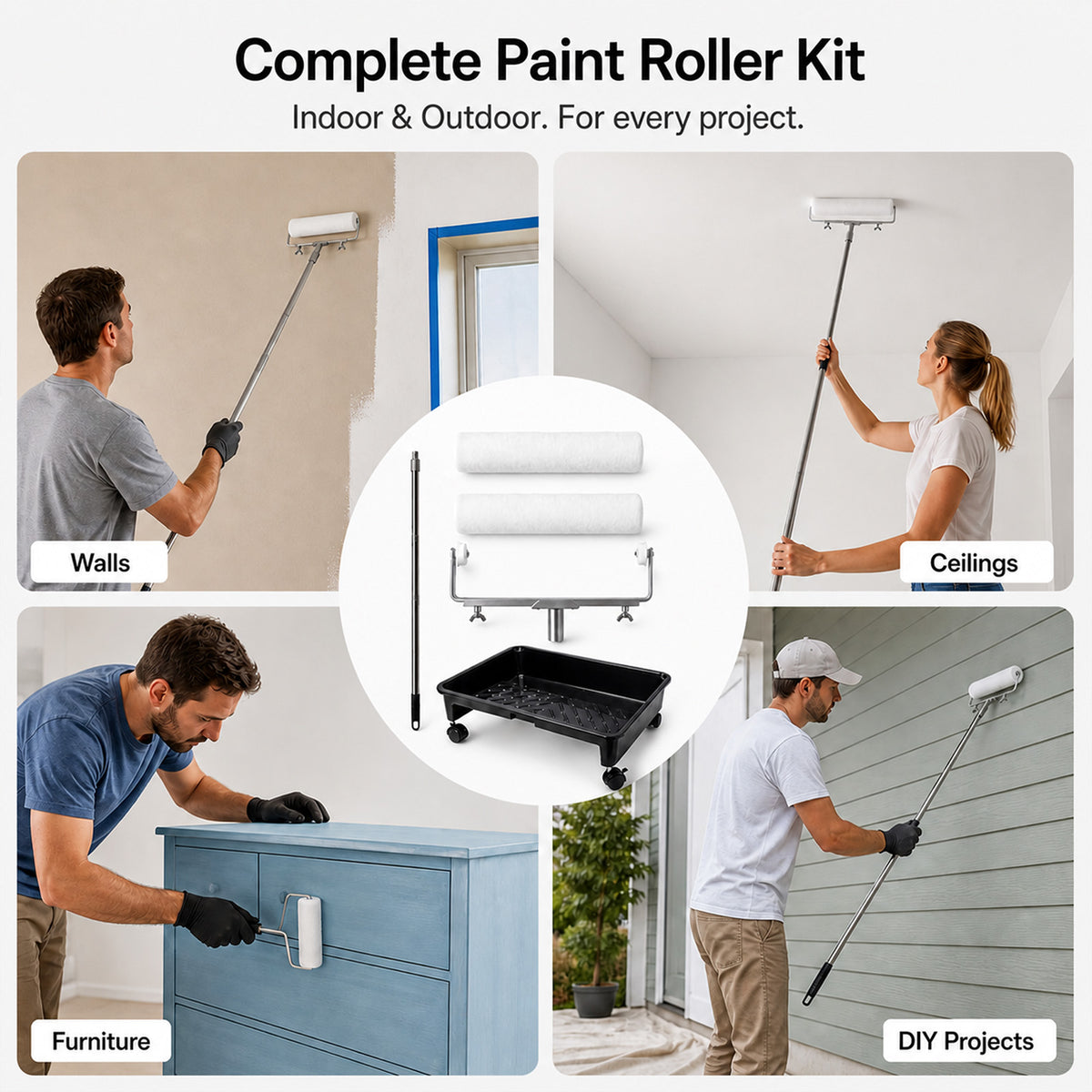 Traderight Paint Roller Set 5-Wheel Tray Extendable Pole Kit For Walls 13Pcs