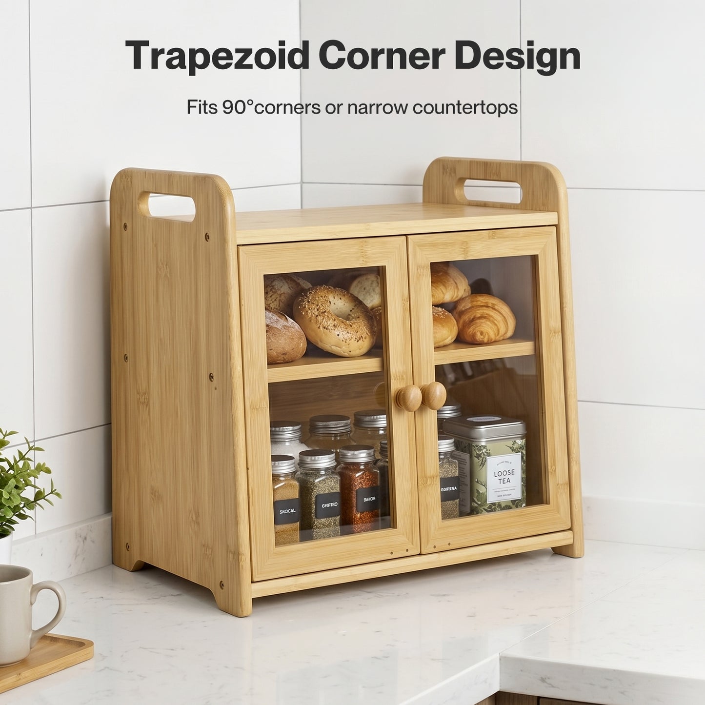 TOQUE Bread Box 20L 2-Tier Bamboo Bread Bin Storage Acrylic Door Natural
