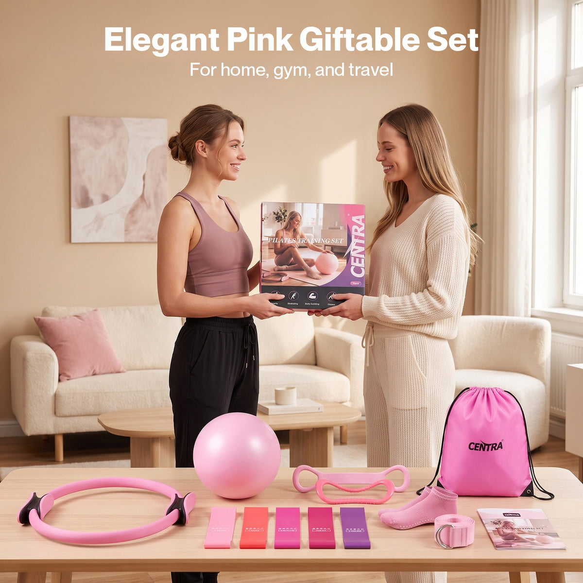 Centra Pilates Kit 13Pc All In One Set with Ring Ball Bands Home Workout Pink