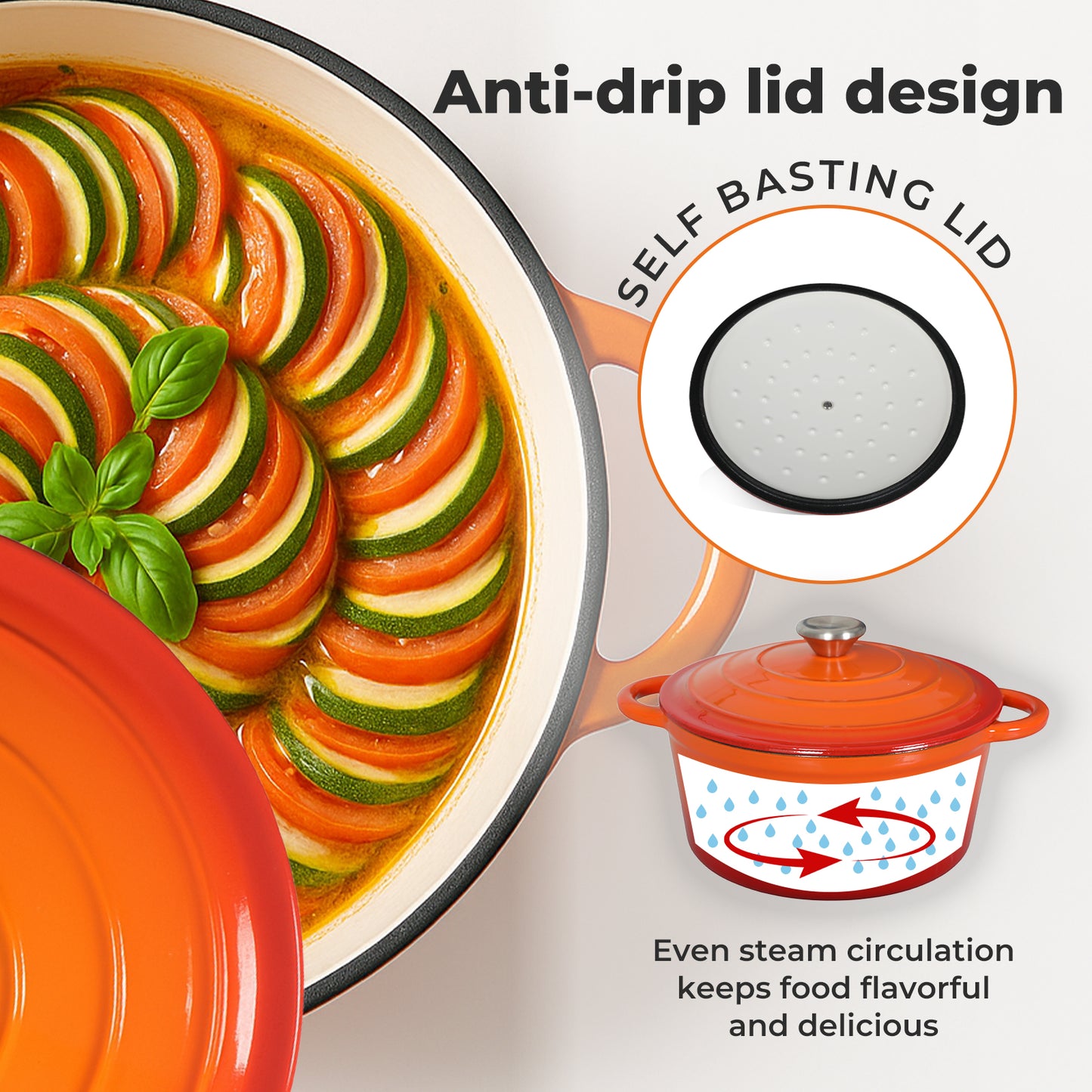 Toque Cast Iron Enameled Dutch Oven Pot Casserole Dish with Lid Non-Stick Orange