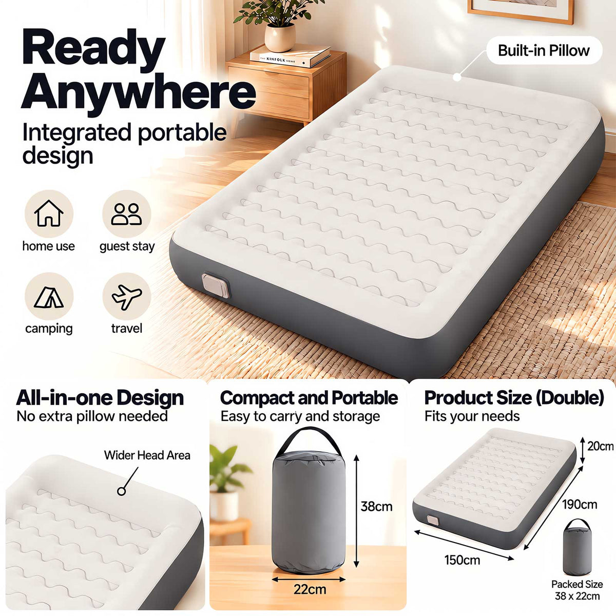 Lavio Inflatable Mattress TPU Airbed Rechargeable Pump Double Camp Bed Grey