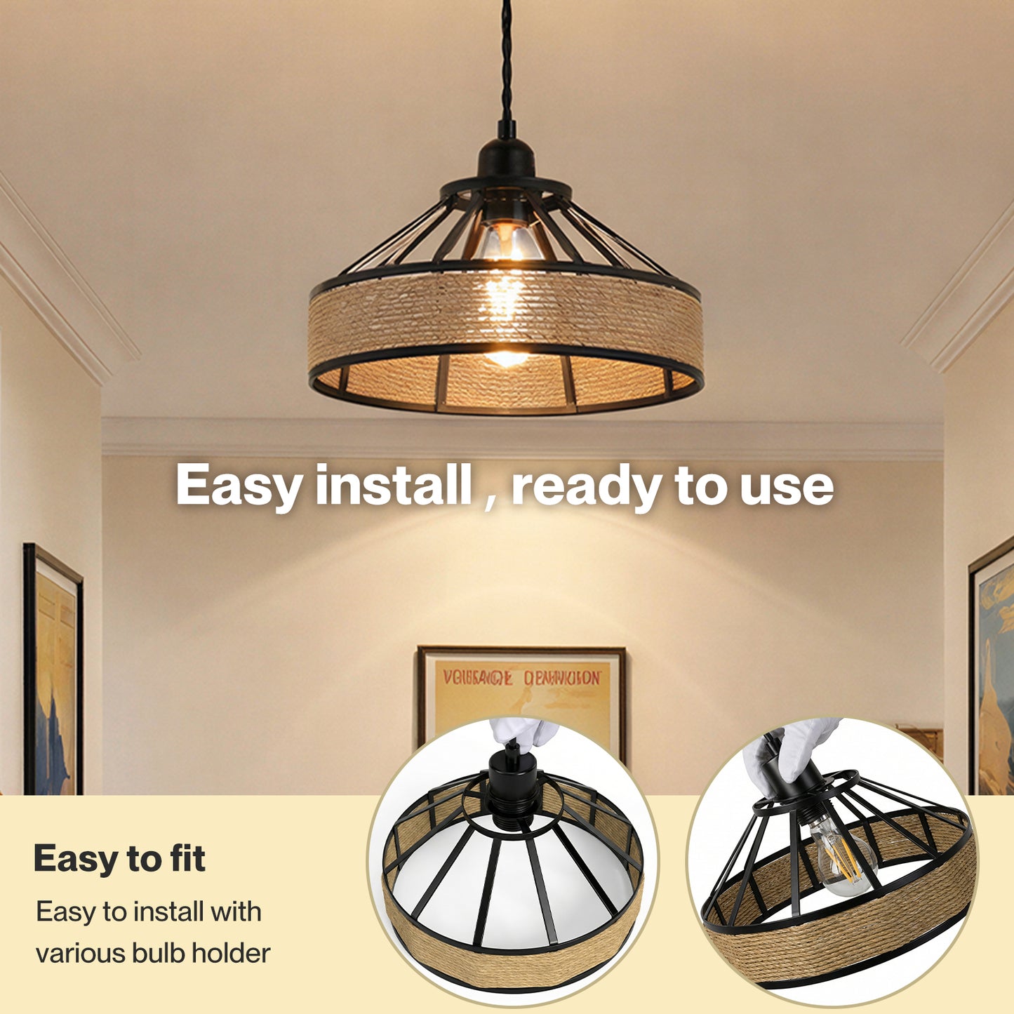 Emitto Modern Ceiling Pendant Light Shade Industrial Hemp Rope Lamp Shade 25cm