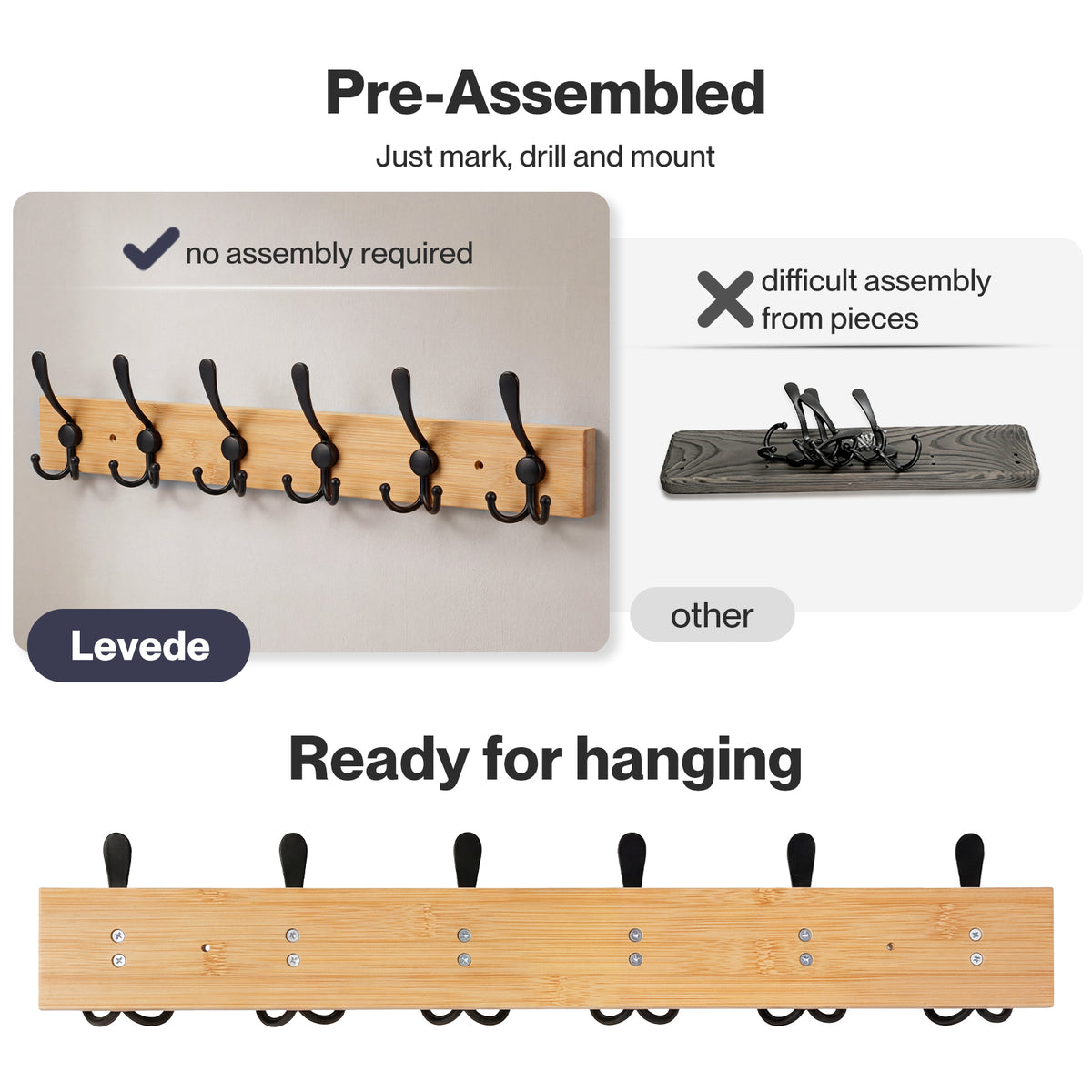Levede Coat Rack Wall Mounted 6 Triple Hooks Holds Coats & Bags  Hallway Bamboo