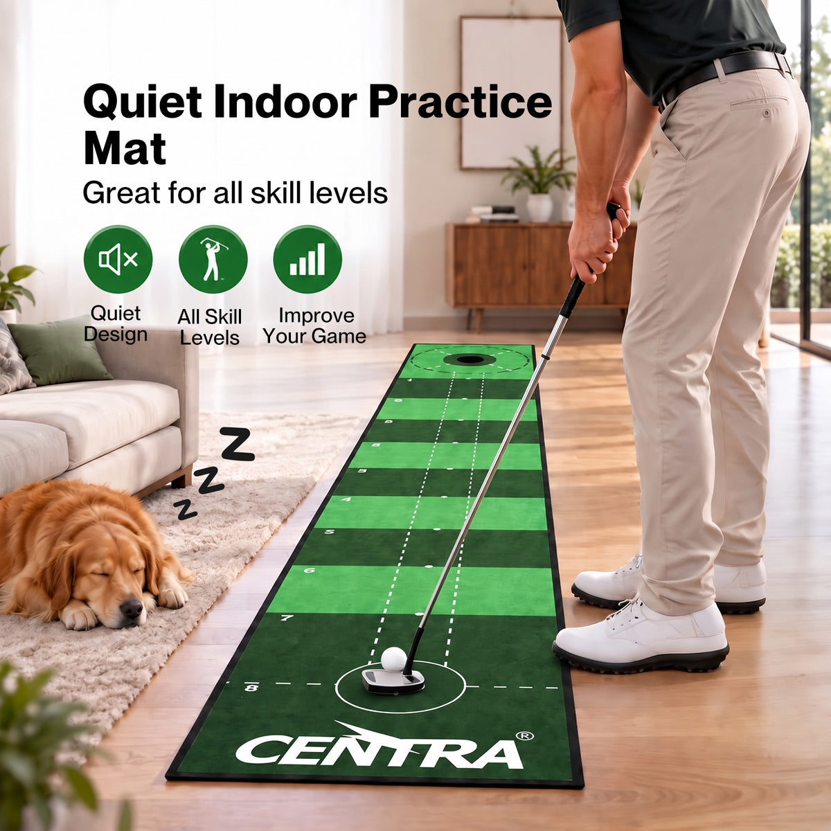 Centra Golf Putting Mat 3m Indoor Practice Non Slip Backing for Office Green