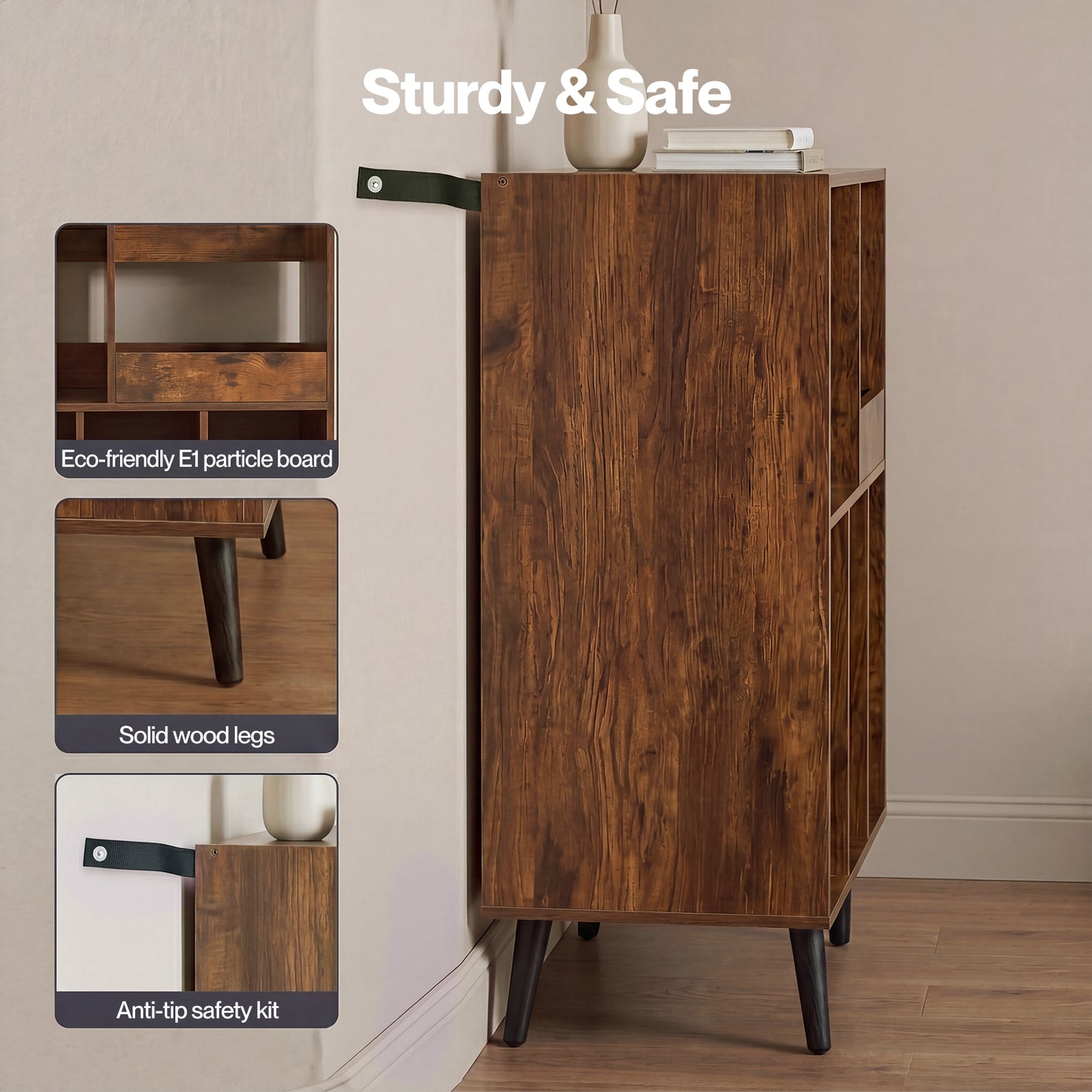Levede Record Player Stand 300+ Album Storage Turntable Cabinet Rubber Wood Antique Brown