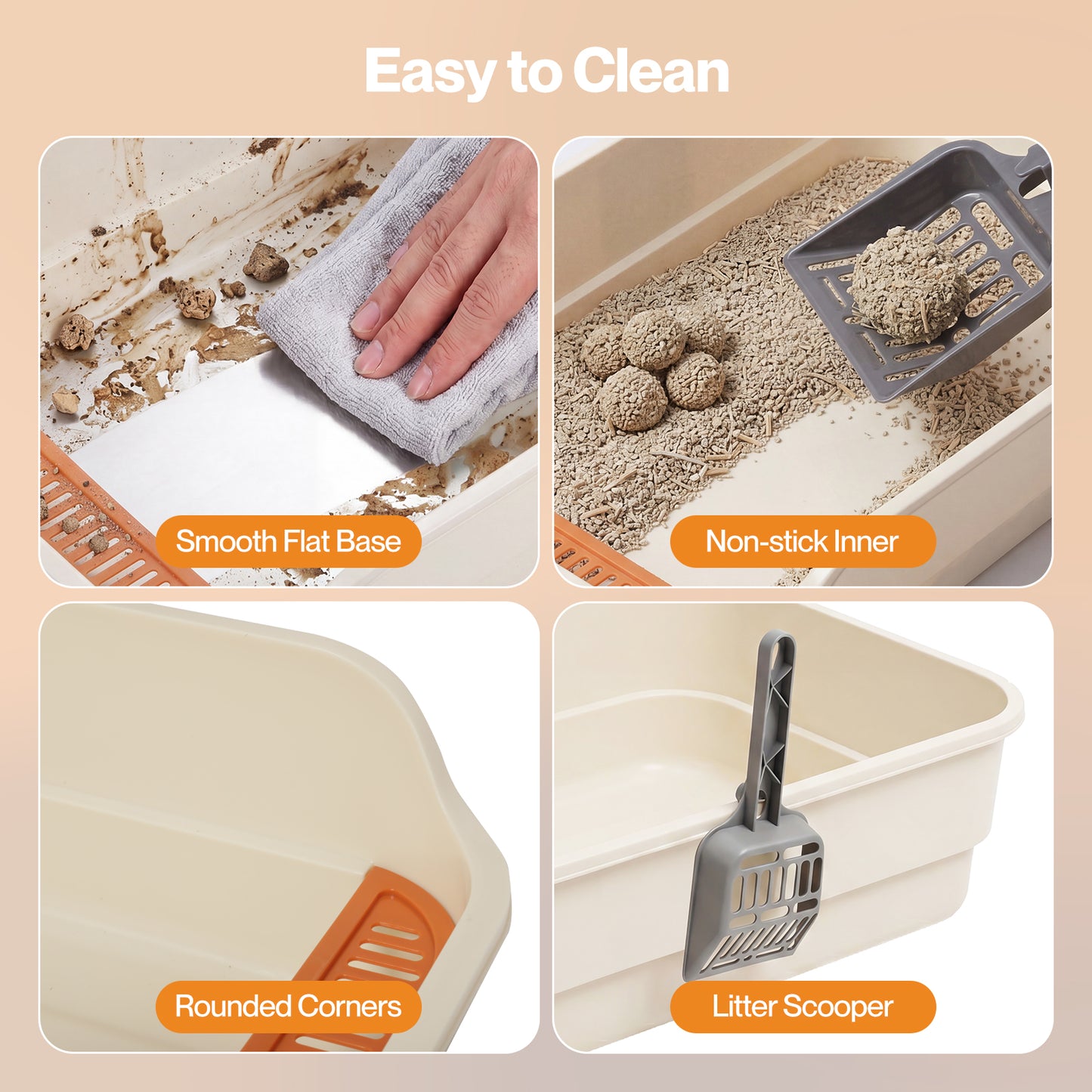 Skylos Cat Litter Tray Spacious High Sided Low Entry Open Pan for Cats Beige