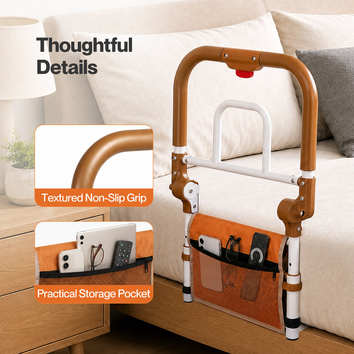 Levede Bed Rail Foldable 2 Handle Adjustable Height Non-Slip Grip Pocket Orange