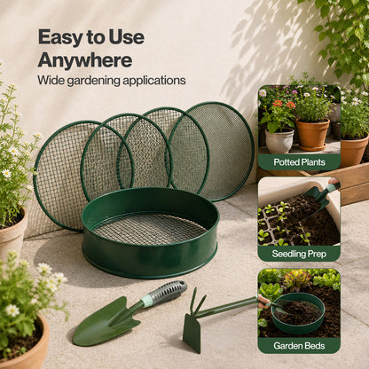 Garden Sieve Soil Sifter Set Metal 4 Mesh Inserts Shovel Hoe for Pots Green