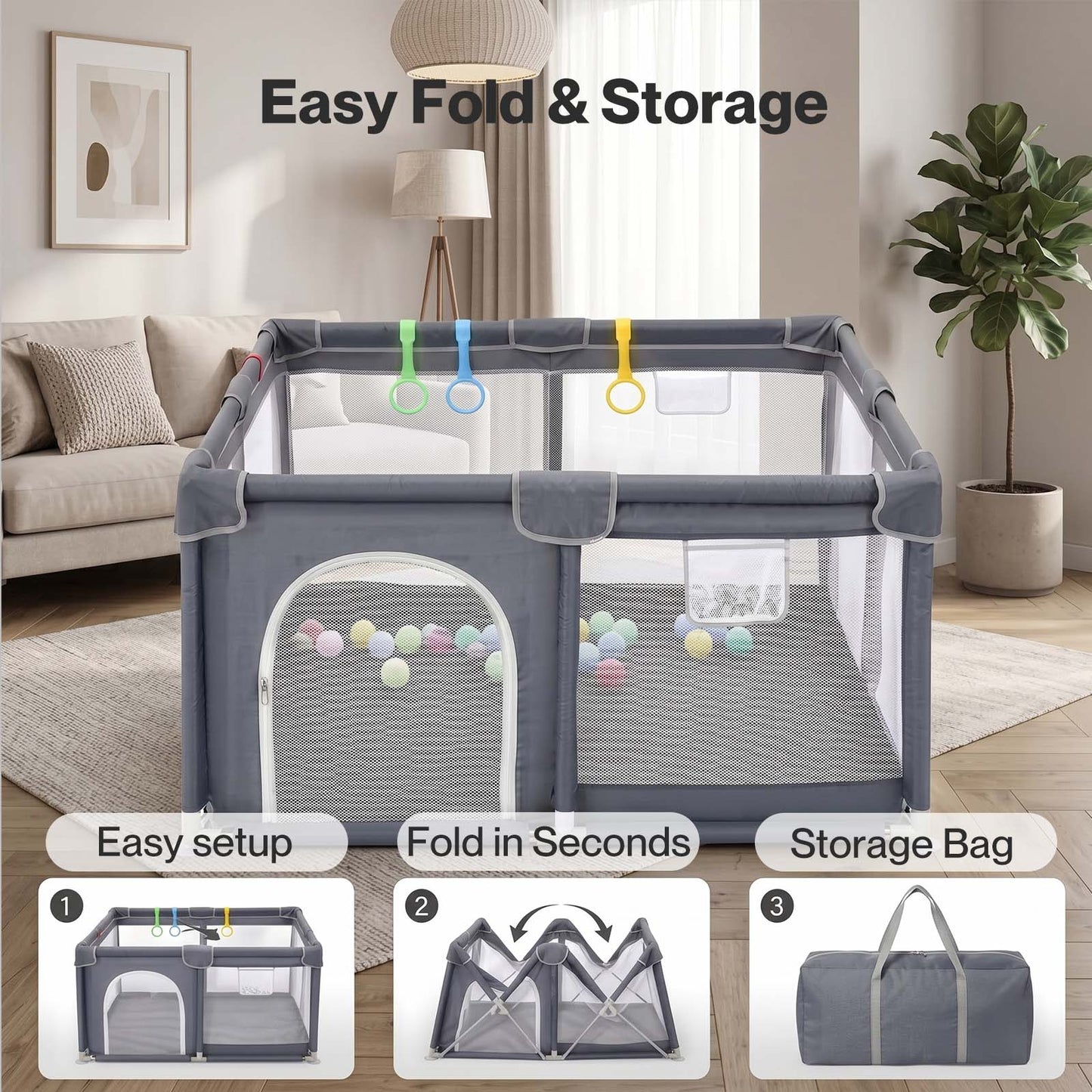 Dekko Baby Playpen 150x180cm Play Mat with 50 Ocean Balls 65cm Safe Height Grey
