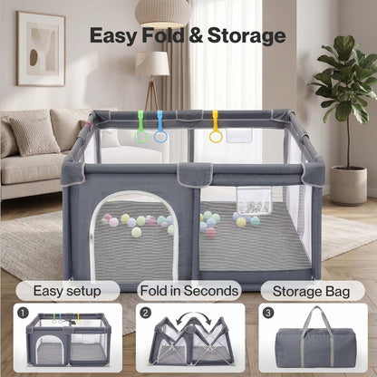 Dekko Baby Playpen 150x180cm Play Mat with 50 Ocean Balls 65cm Safe Height Grey