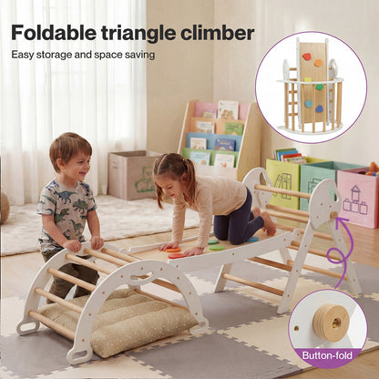 DEKKO 8 in 1 Triangle Climbing Set Kids Wooden Climber with Arch Slide Cushion