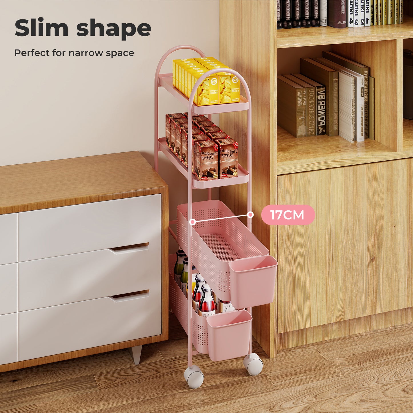 Levede 4 Tier Kitchen Storage Trolley Cart on Wheels for Narrow Space Metal Pink