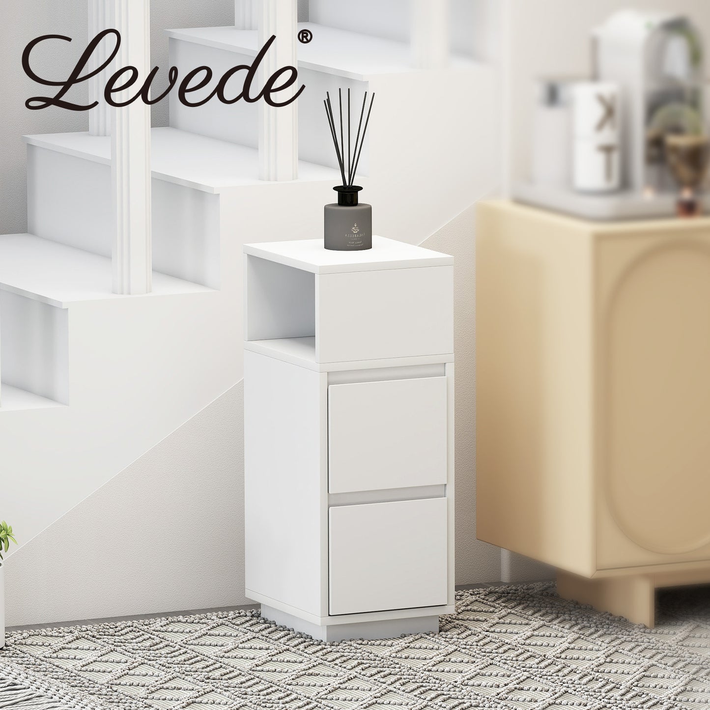 Levede Slim Bedside Table Storage Nightstand with 2 Drawers & Open Shelf White