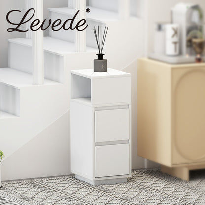 Levede Slim Bedside Table Storage Nightstand with 2 Drawers & Open Shelf White