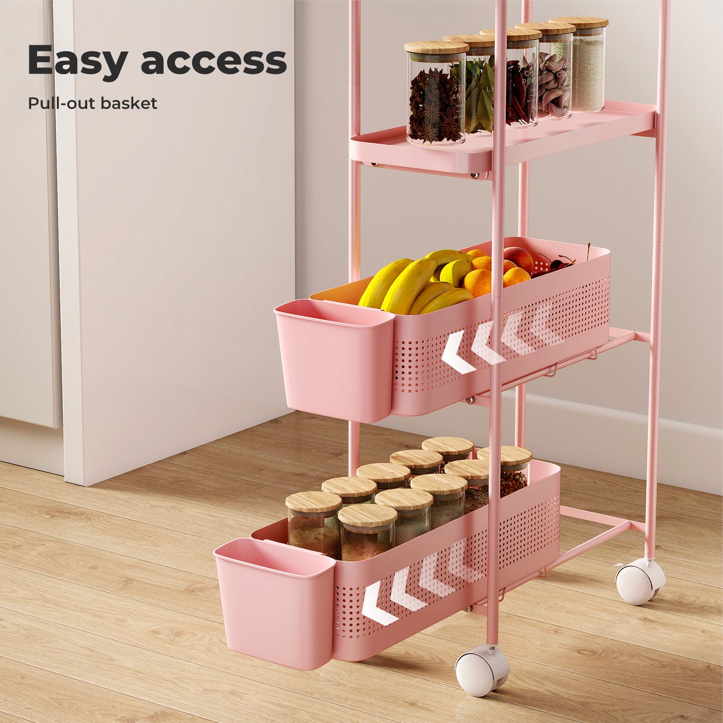 Levede 4 Tier Kitchen Storage Trolley Cart on Wheels for Narrow Space Metal Pink