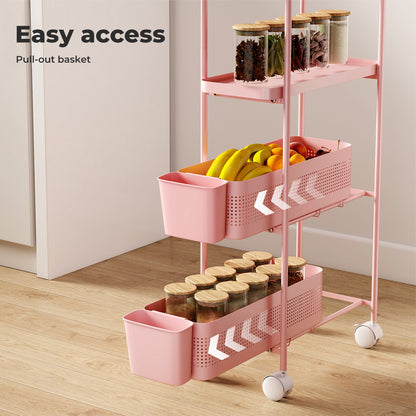Levede 4 Tier Kitchen Storage Trolley Cart on Wheels for Narrow Space Metal Pink
