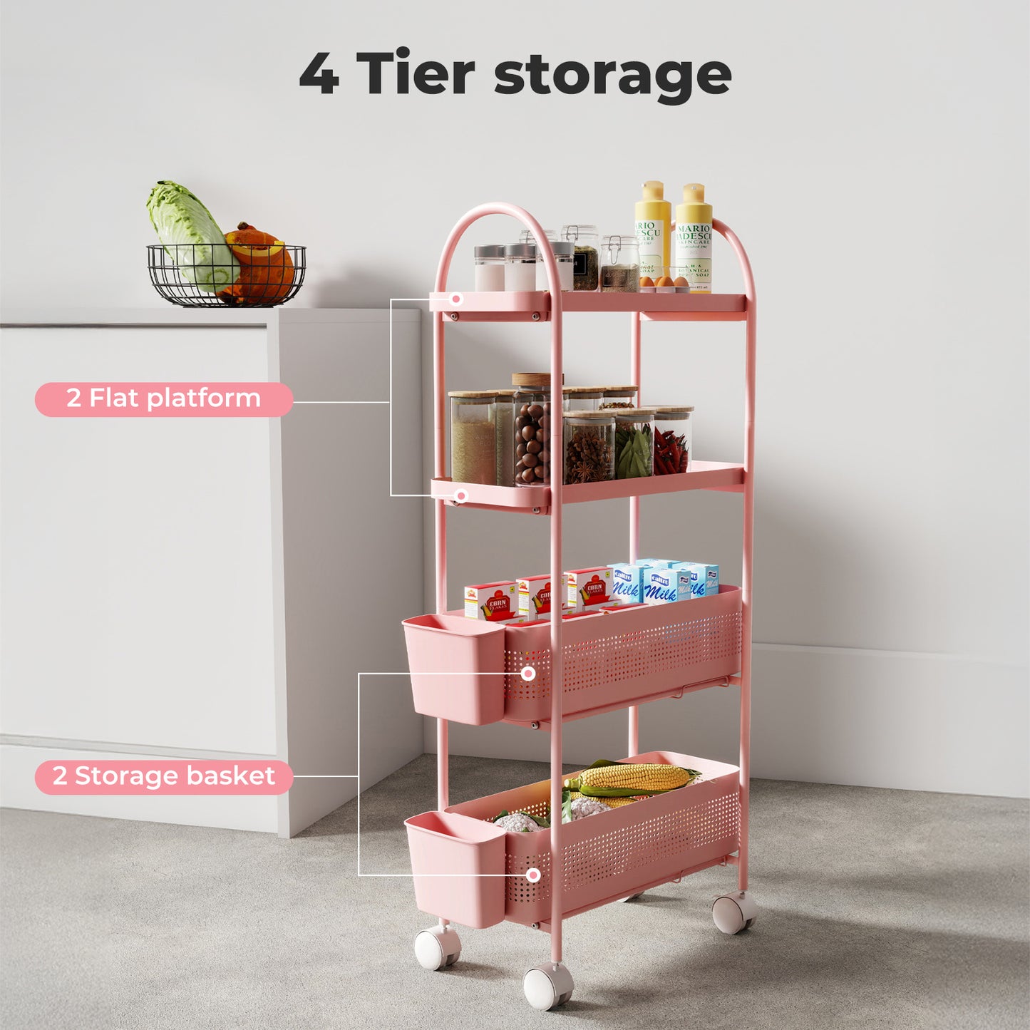 Levede 4 Tier Kitchen Storage Trolley Cart on Wheels for Narrow Space Metal Pink