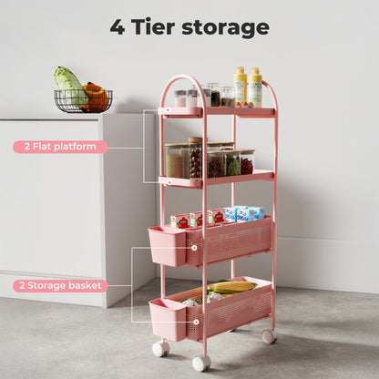 Levede 4 Tier Kitchen Storage Trolley Cart on Wheels for Narrow Space Metal Pink