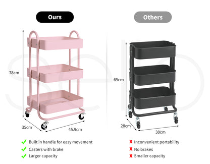 Levede 3 Tiers Kitchen Trolley Cart Steel Storage Rack Shelf Organiser Pink