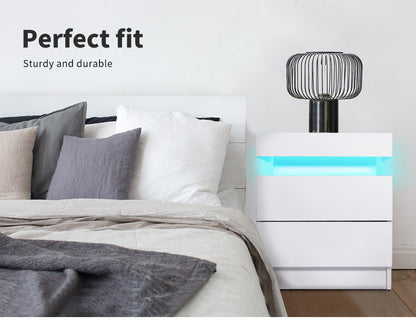 Levede Bedside Tables RGB LED Side Table 2 Drawers High Gloss Nightstand Cabinet