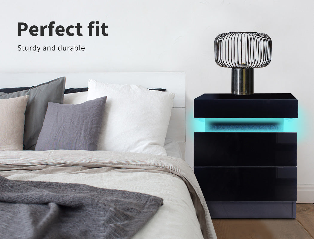 Levede Bedside Tables Side Table 2 Drawers RGB LED High Gloss Nightstand Cabinet
