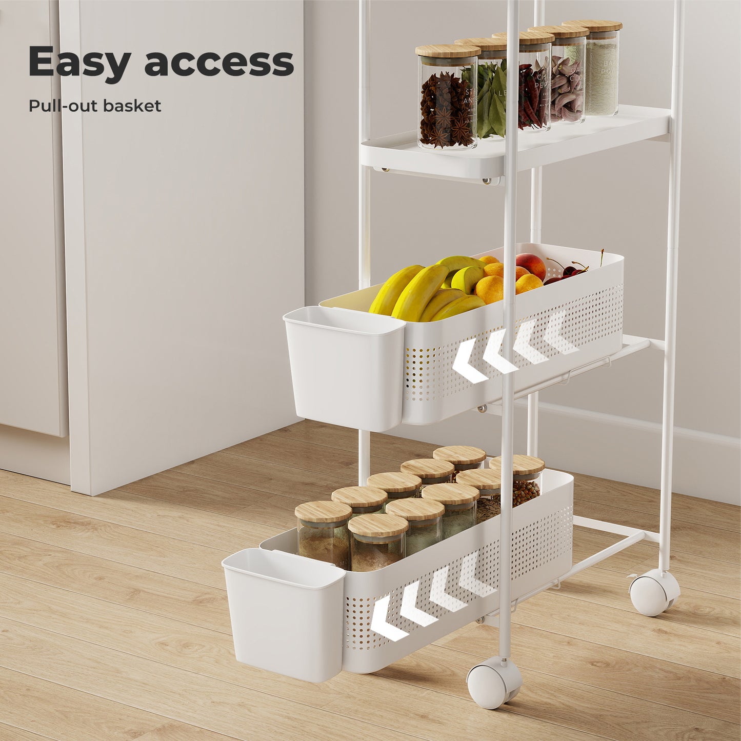 Levede 4 Tier Kitchen Trolley Cart Narrow on Wheels Pull out Bakset Storage Bins