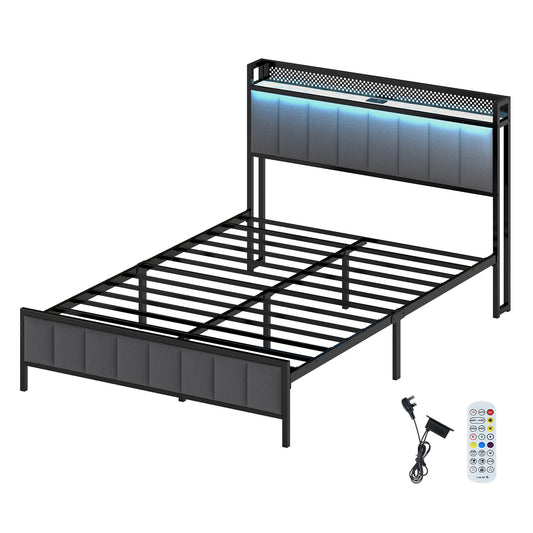 Levede Double Bed Frame Upholstered Headboard Metal Mattress Base LED Lights USB